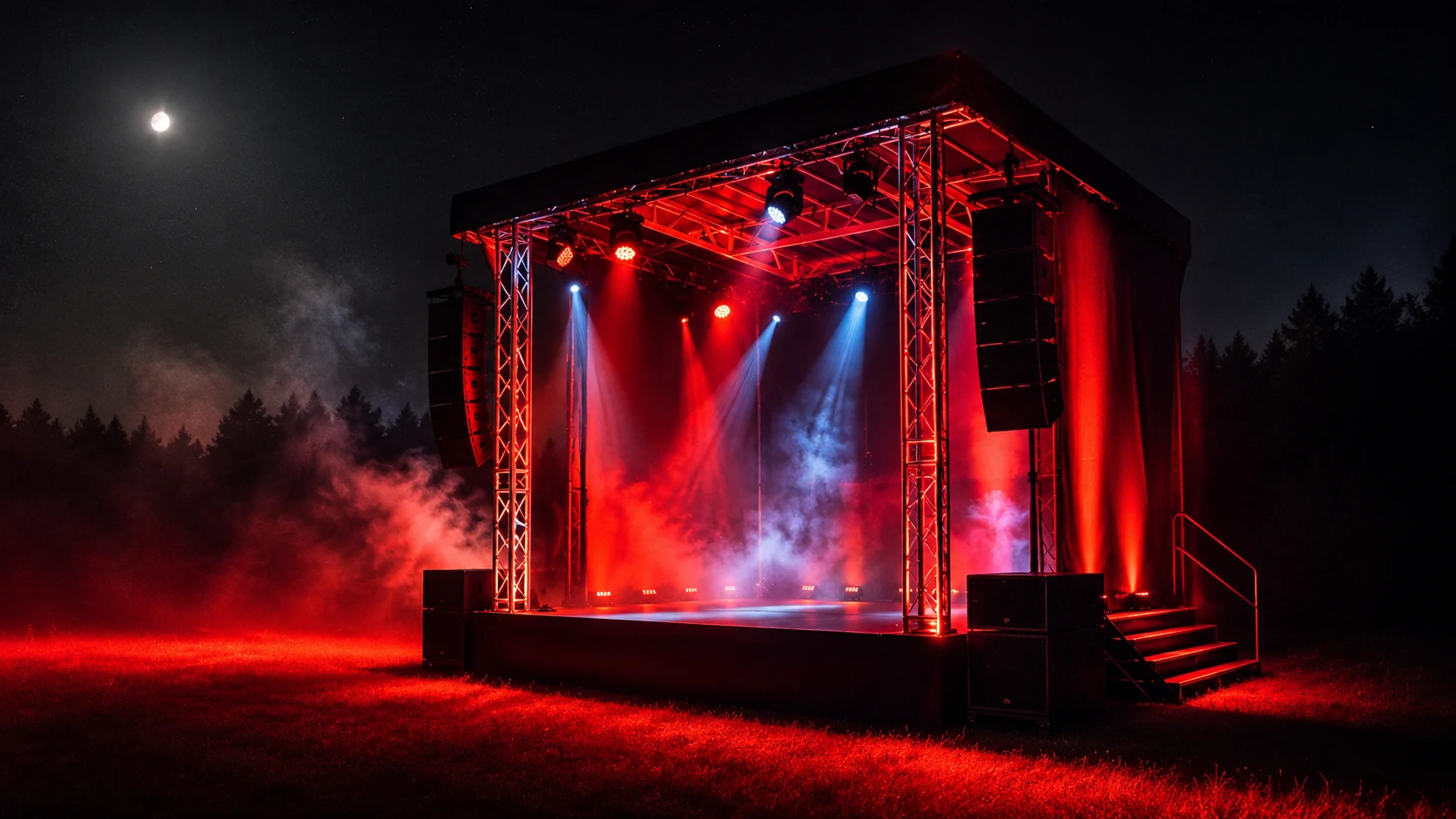 Mobile Bühne mit Lichtshow bei Nacht